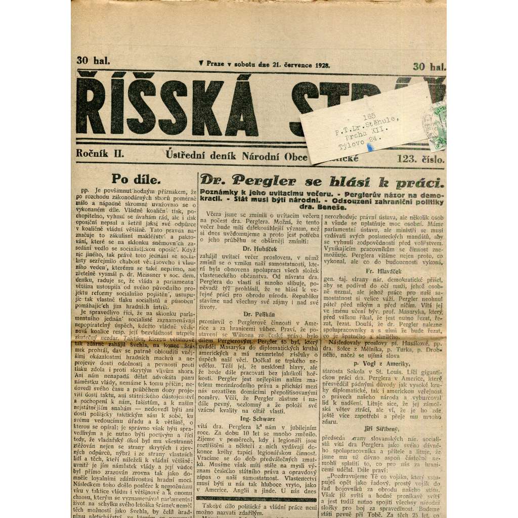 Říšská stráž (21.7.1928) Ústřední deník Národní obce fašistické (staré noviny, fašisté, 1. republika)