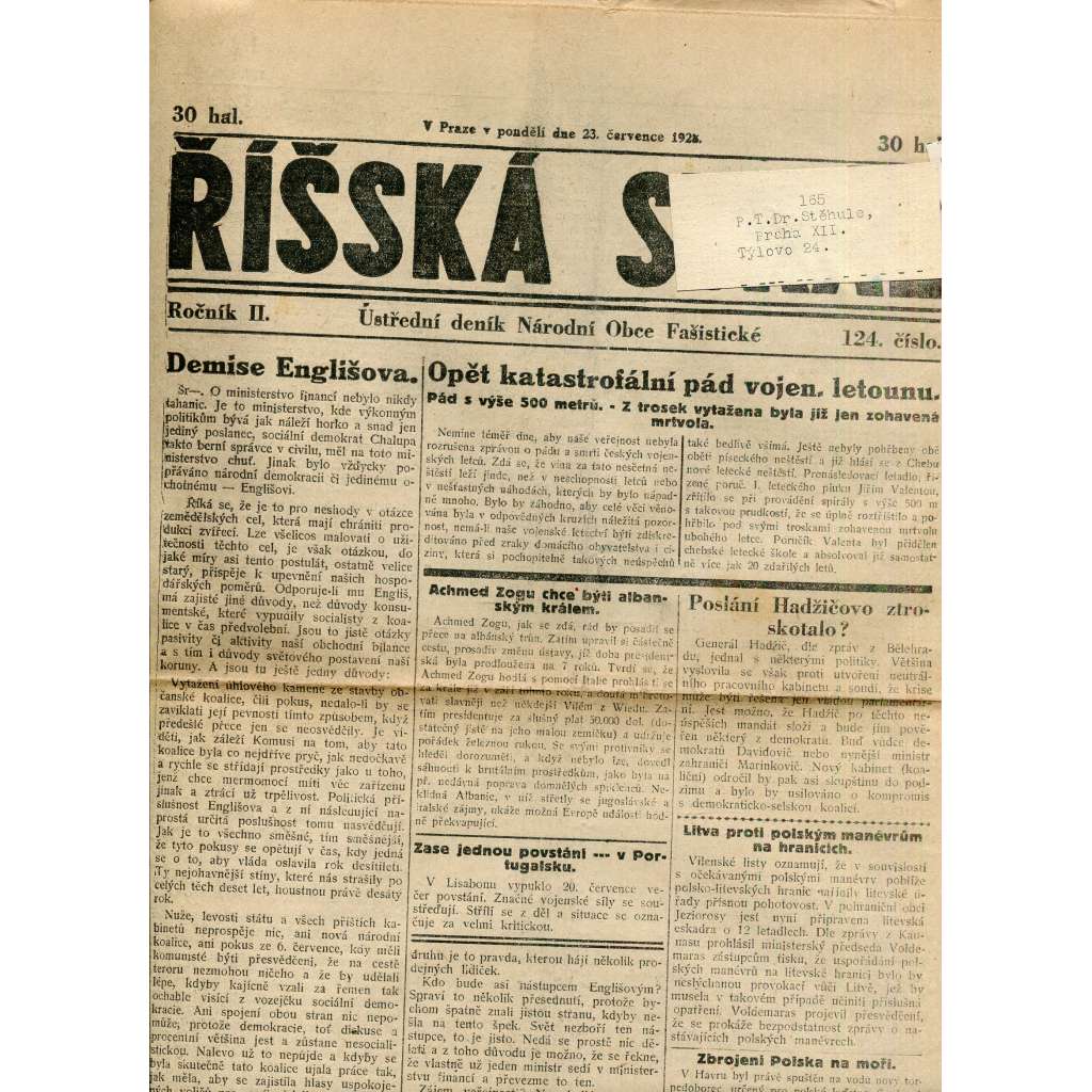 Říšská stráž (23.7.1928) Ústřední deník Národní obce fašistické (staré noviny, fašisté, 1. republika)