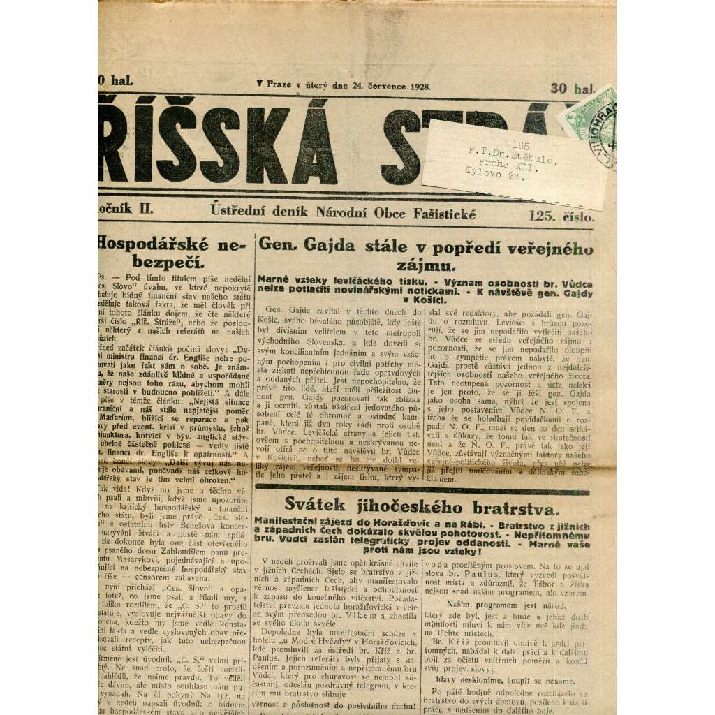Říšská stráž (24.7.1928) Ústřední deník Národní obce fašistické (staré noviny, fašisté, 1. republika)