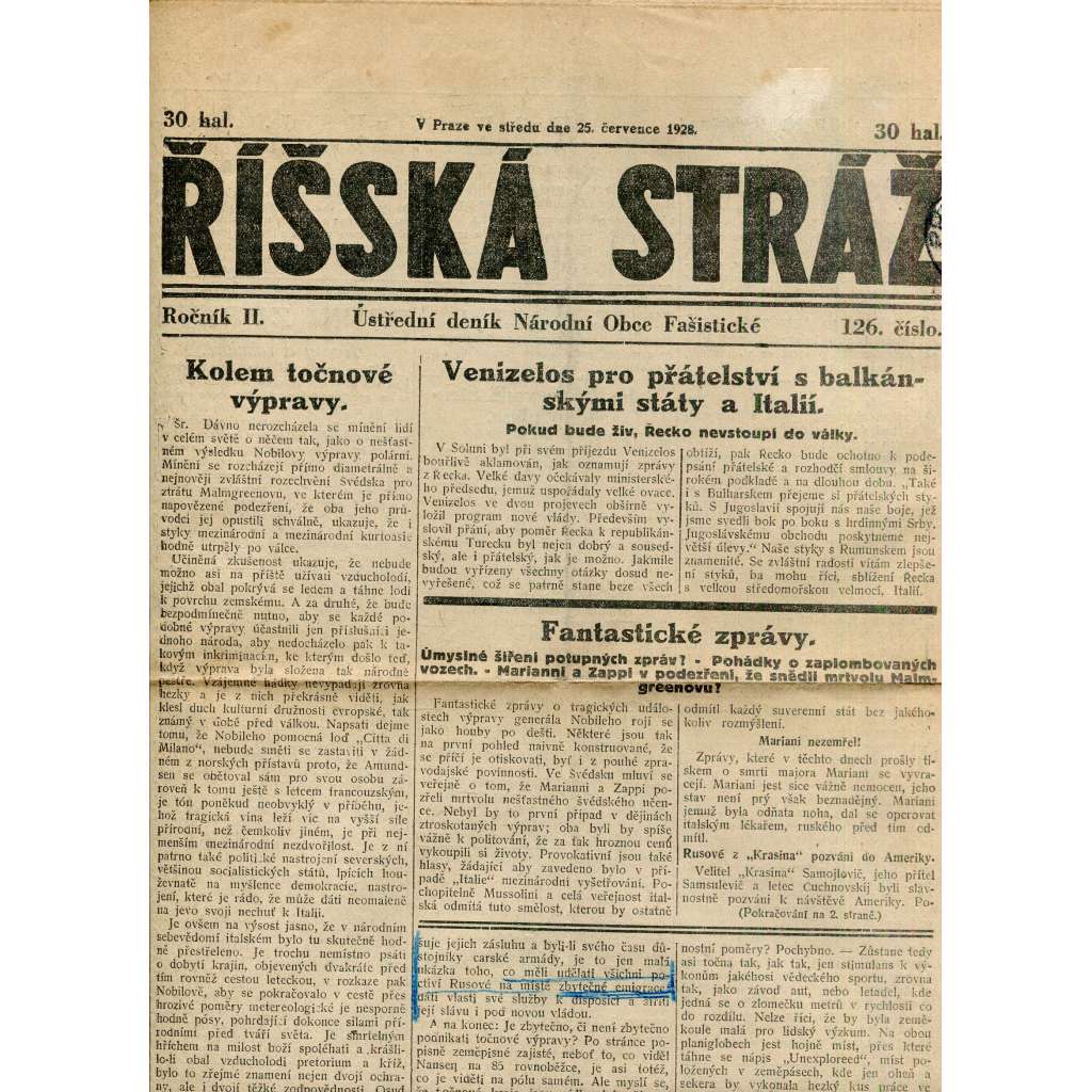 Říšská stráž (25.7.1928) Ústřední deník Národní obce fašistické (staré noviny, fašisté, 1. republika)