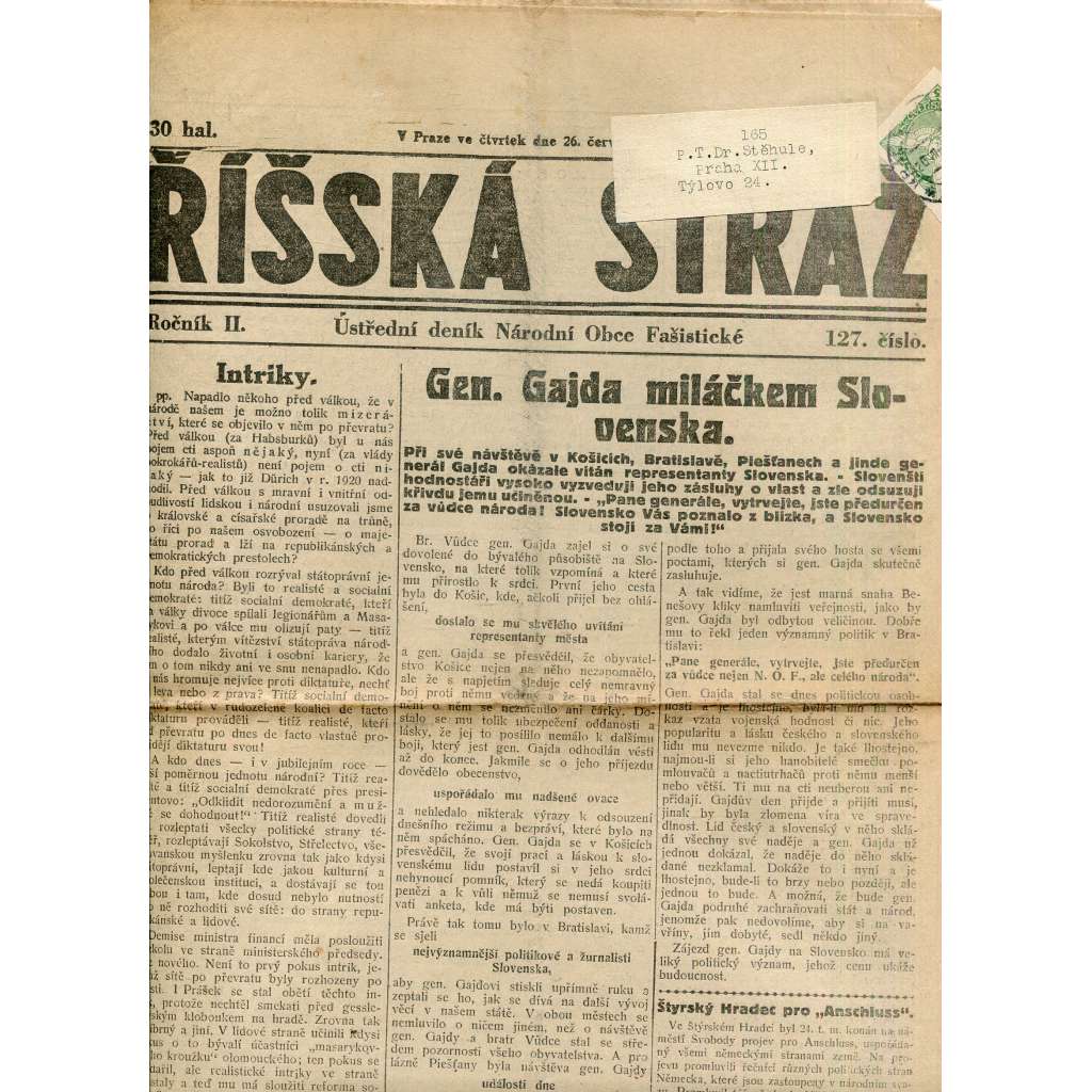 Říšská stráž (26.7.1928) Ústřední deník Národní obce fašistické (staré noviny, fašisté, 1. republika)