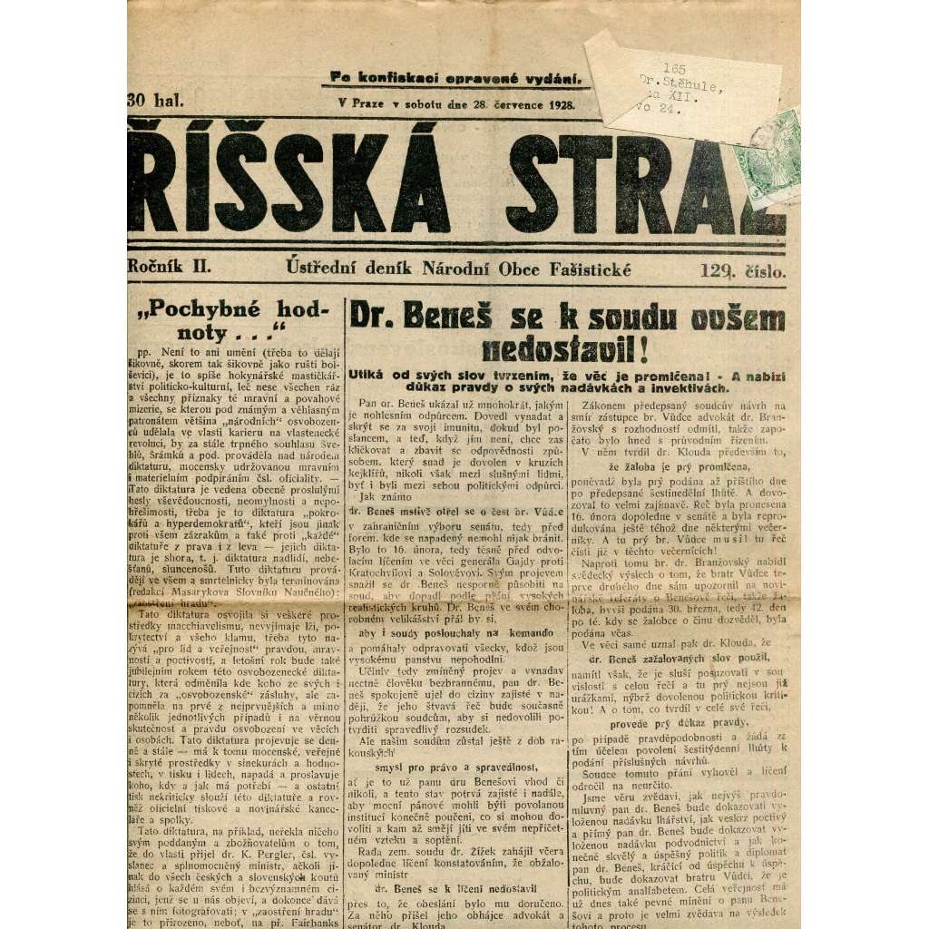 Říšská stráž (28.7.1928) Ústřední deník Národní obce fašistické (staré noviny, fašisté, 1. republika)