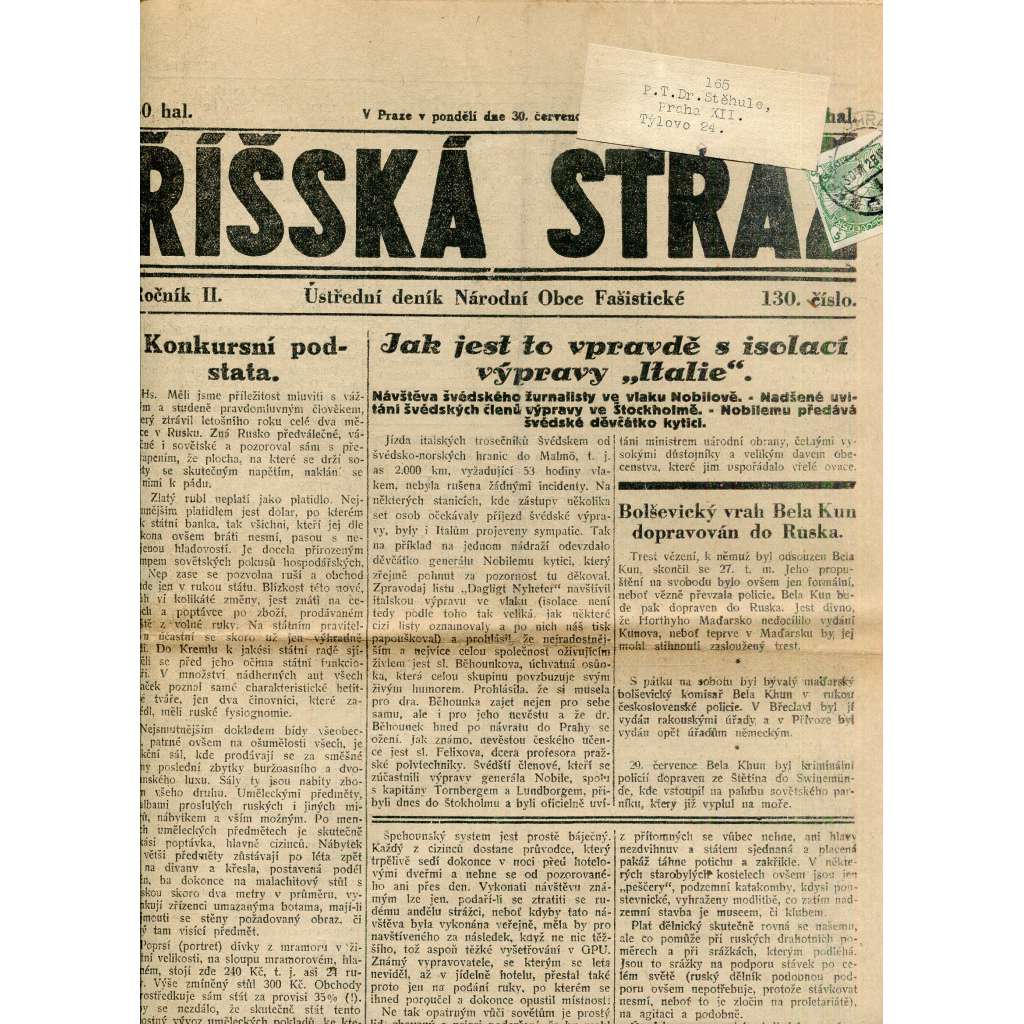 Říšská stráž (30.7.1928) Ústřední deník Národní obce fašistické (staré noviny, fašisté, 1. republika)