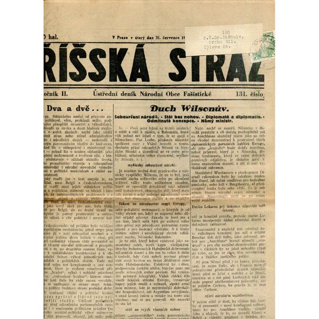 Říšská stráž (31.7.1928) Ústřední deník Národní obce fašistické (staré noviny, fašisté, 1. republika)