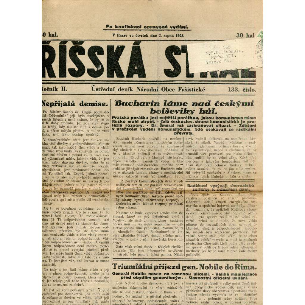 Říšská stráž (2.8.1928) Ústřední deník Národní obce fašistické (staré noviny, fašisté, 1. republika)