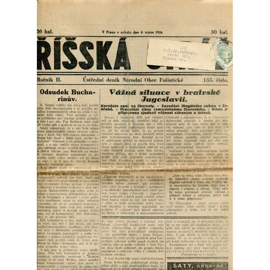 Říšská stráž (4.8.1928) Ústřední deník Národní obce fašistické (staré noviny, fašisté, 1. republika)