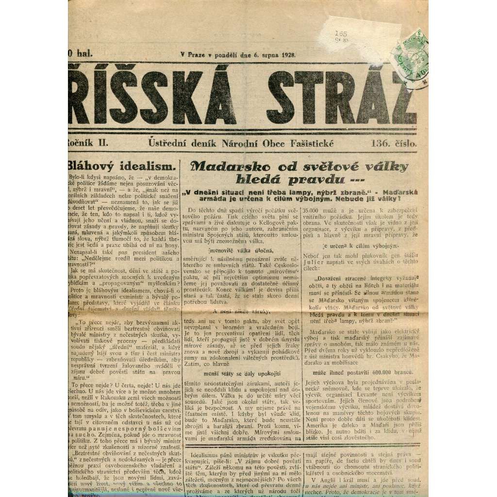 Říšská stráž (6.8.1928) Ústřední deník Národní obce fašistické (staré noviny, fašisté, 1. republika)