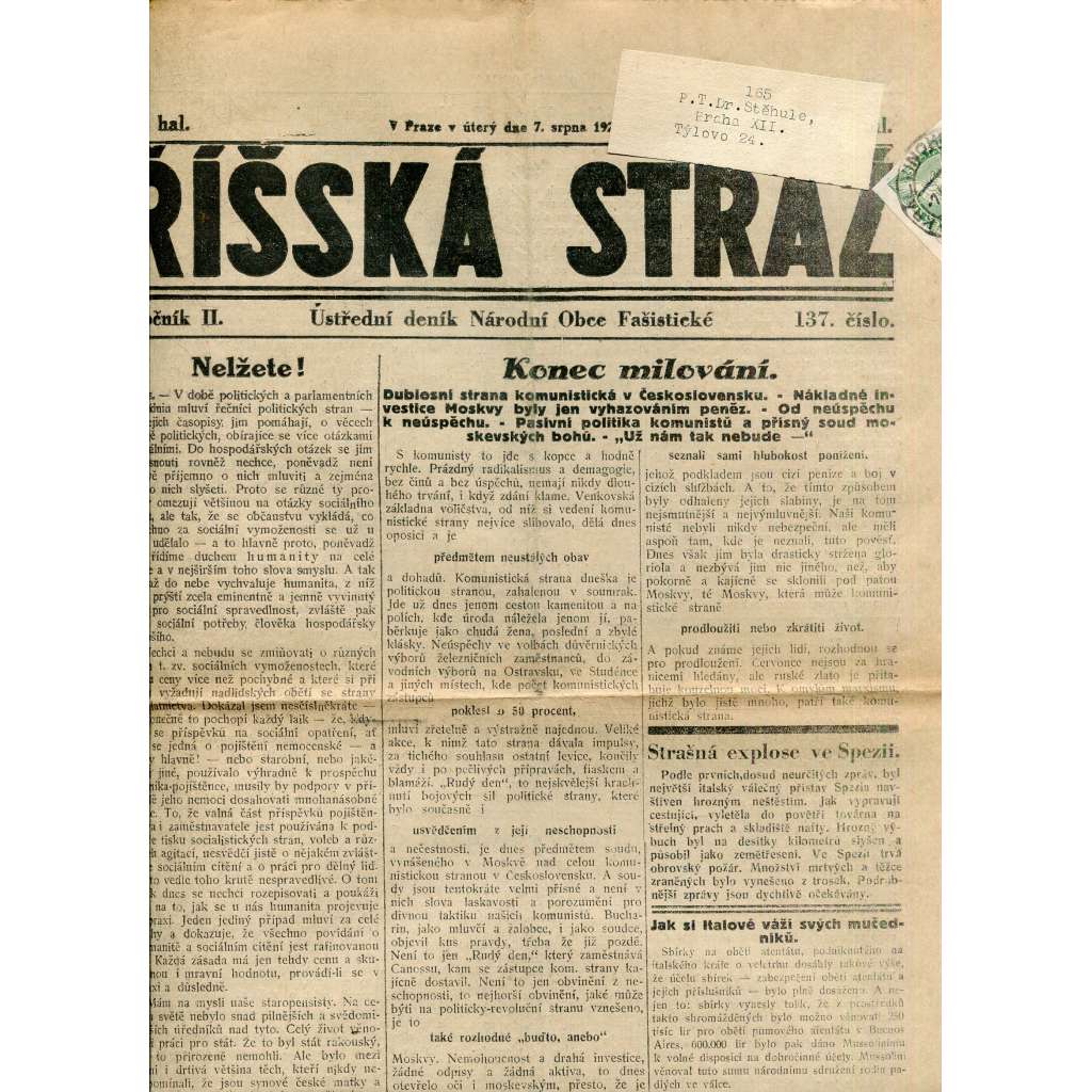 Říšská stráž (7.8.1928) Ústřední deník Národní obce fašistické (staré noviny, fašisté, 1. republika)