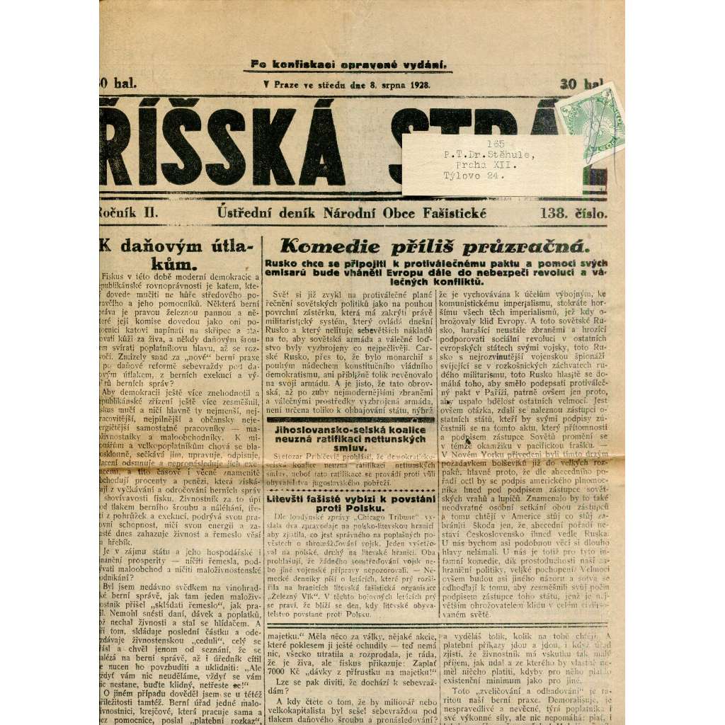 Říšská stráž (8.8.1928) Ústřední deník Národní obce fašistické (staré noviny, fašisté, 1. republika)