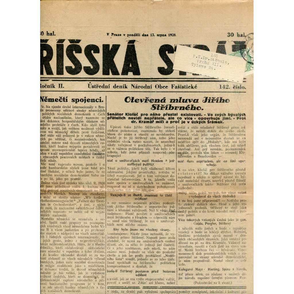 Říšská stráž (13.8.1928) Ústřední deník Národní obce fašistické (staré noviny, fašisté, 1. republika)