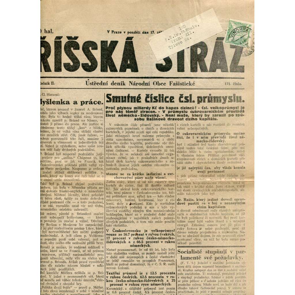 Říšská stráž (17.9.1928) Ústřední deník Národní obce fašistické (staré noviny, fašisté, 1. republika)