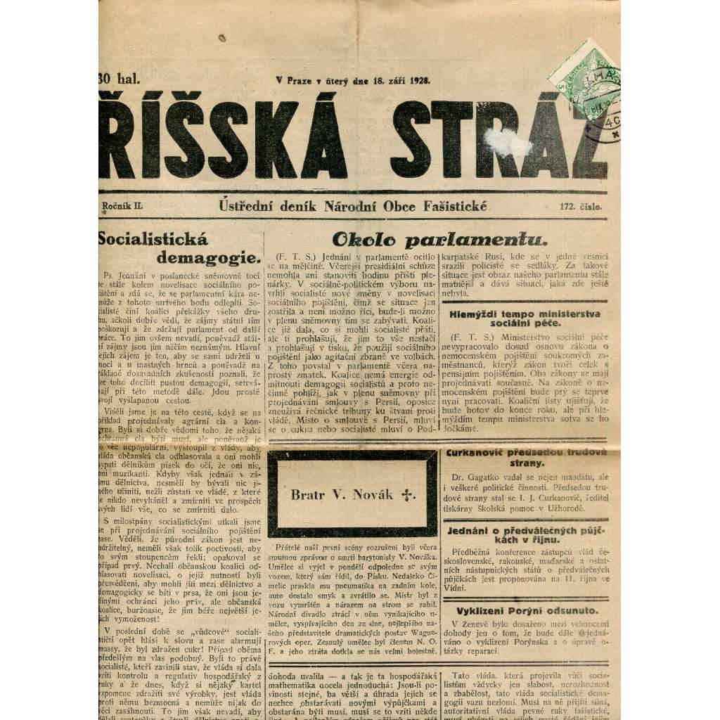 Říšská stráž (18.9.1928) Ústřední deník Národní obce fašistické (staré noviny, fašisté, 1. republika)
