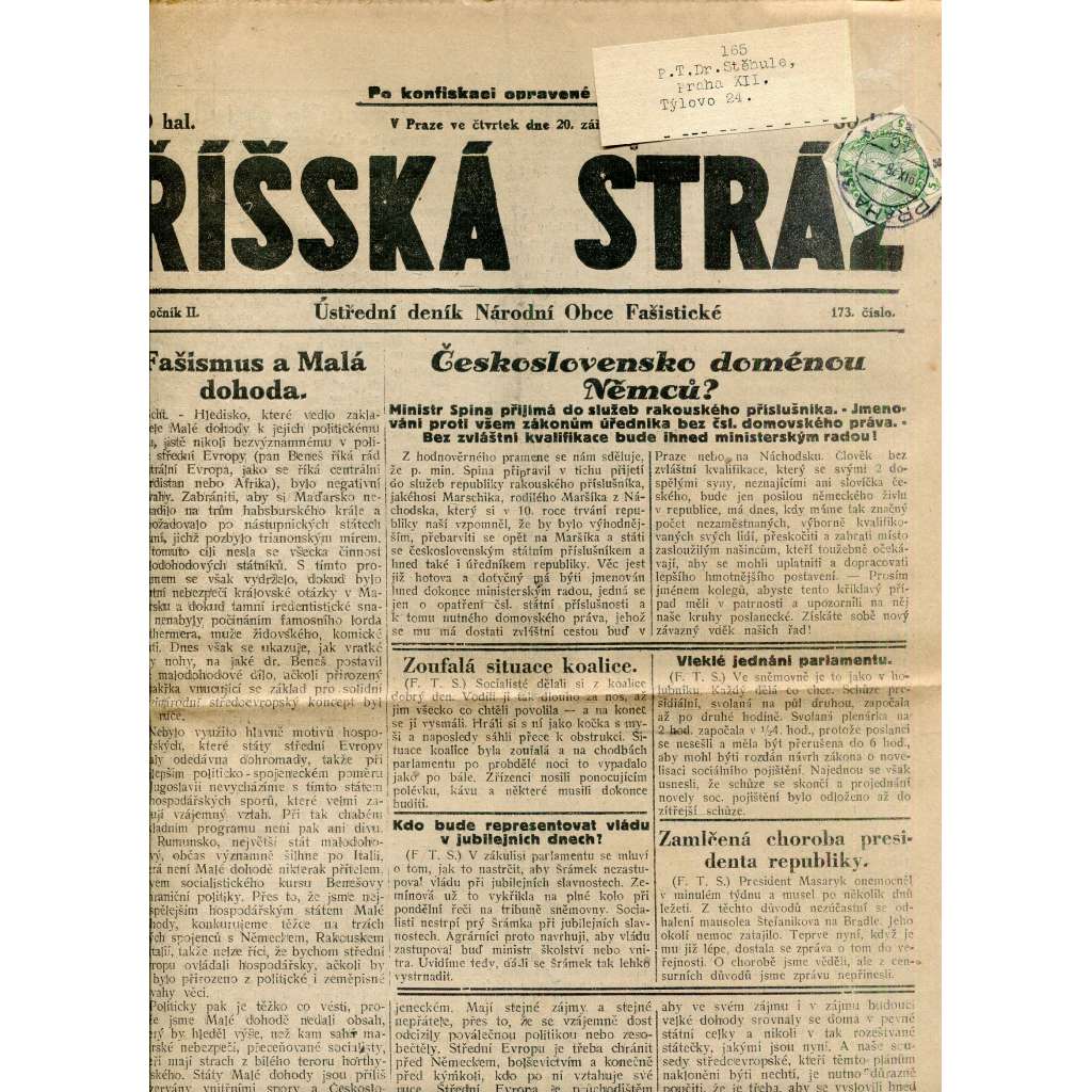 Říšská stráž (20.9.1928) Ústřední deník Národní obce fašistické (staré noviny, fašisté, 1. republika)