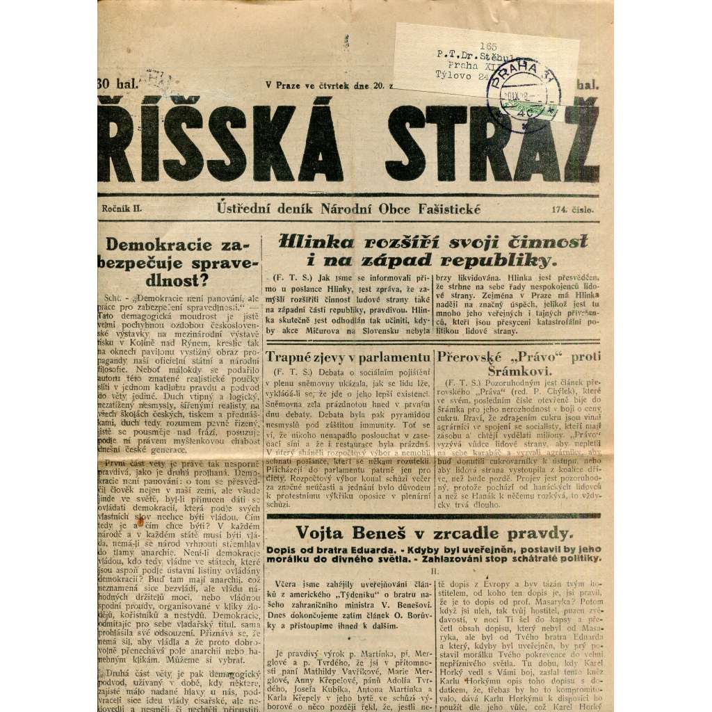 Říšská stráž (20.9.1928) Ústřední deník Národní obce fašistické (staré noviny, fašisté, 1. republika)