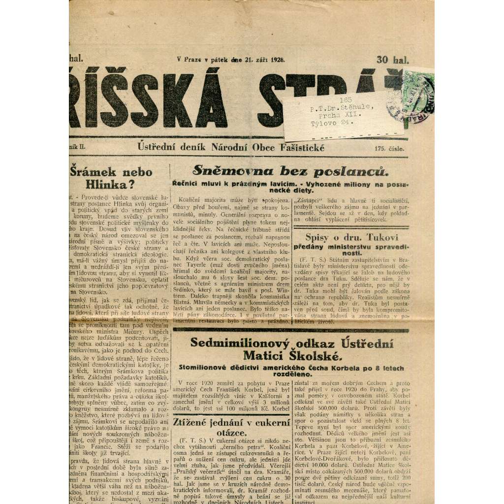 Říšská stráž (21.9.1928) Ústřední deník Národní obce fašistické (staré noviny, fašisté, 1. republika)