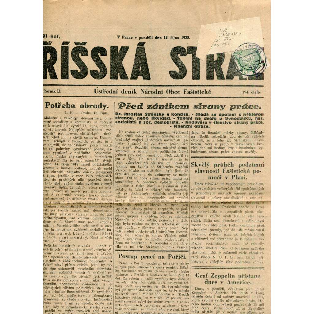 Říšská stráž (15.10.1928) Ústřední deník Národní obce fašistické (staré noviny, fašisté, 1. republika)