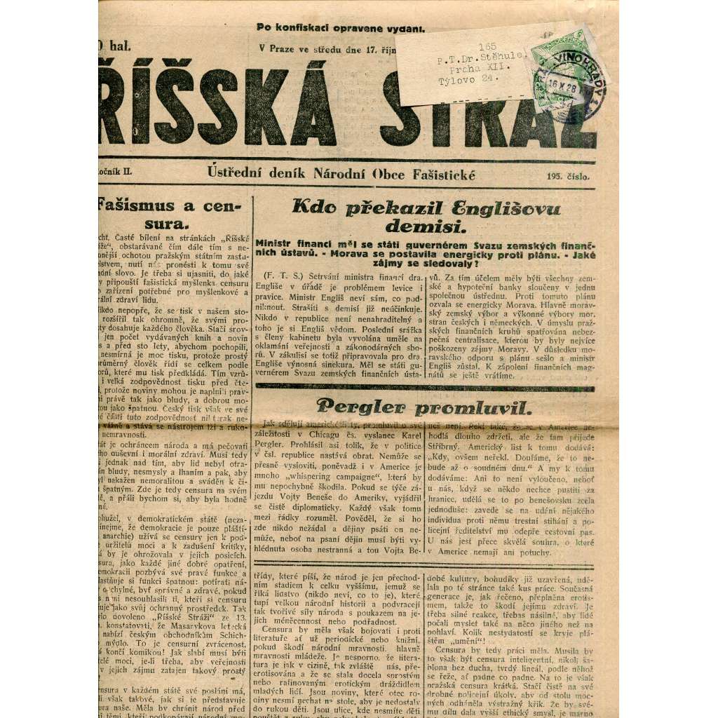 Říšská stráž (17.10.1928) Ústřední deník Národní obce fašistické (staré noviny, fašisté, 1. republika)