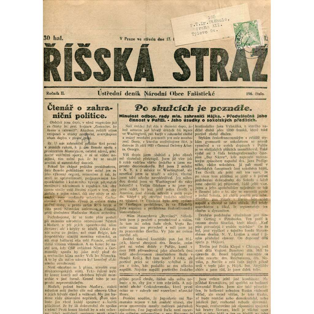 Říšská stráž (17.10.1928) Ústřední deník Národní obce fašistické (staré noviny, fašisté, 1. republika)