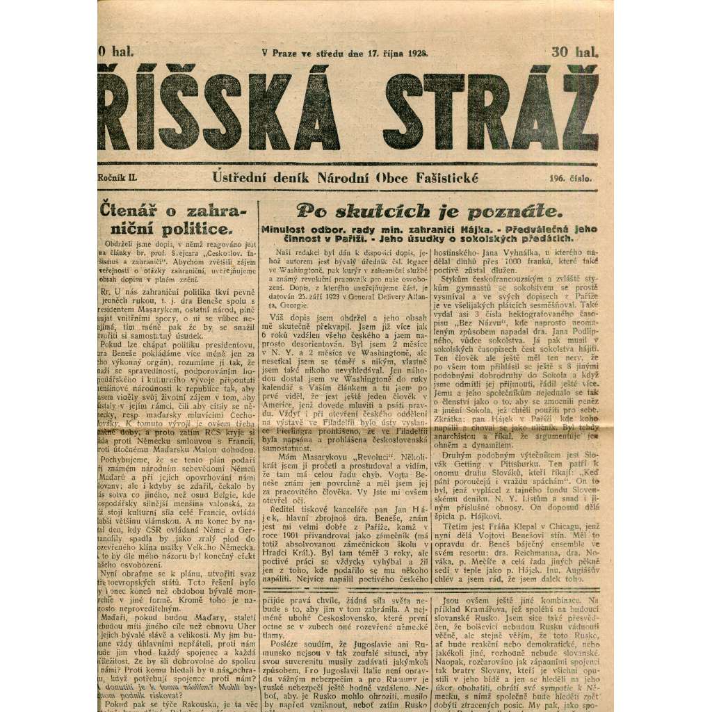 Říšská stráž (17.10.1928) Ústřední deník Národní obce fašistické (staré noviny, fašisté, 1. republika)