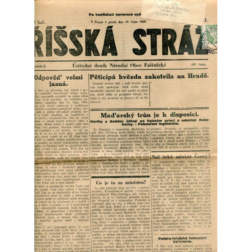 Říšská stráž (19.10.1928) Ústřední deník Národní obce fašistické (staré noviny, fašisté, 1. republika)