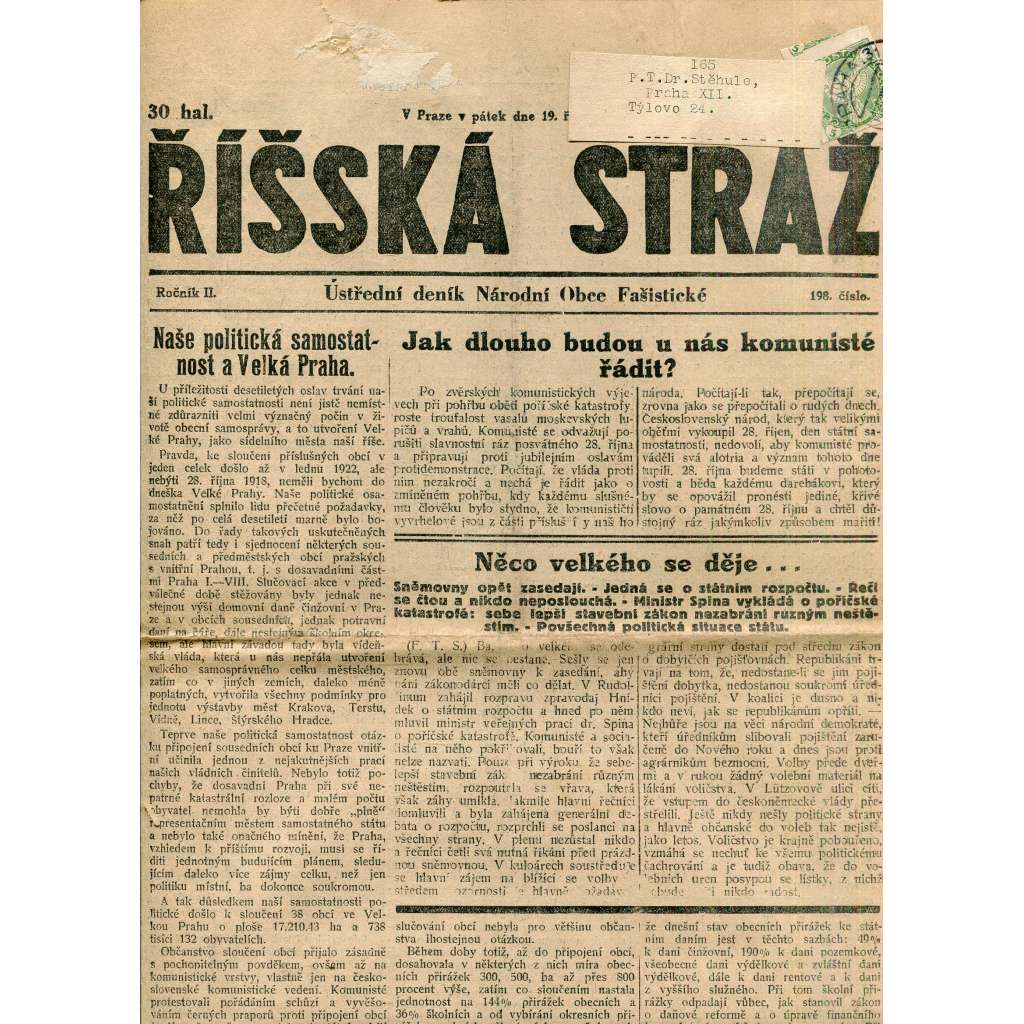 Říšská stráž (19.10.1928) Ústřední deník Národní obce fašistické (staré noviny, fašisté, 1. republika)