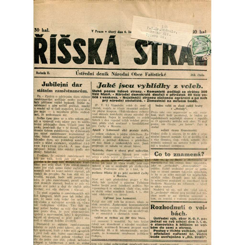 Říšská stráž (6.11.1928) Ústřední deník Národní obce fašistické (staré noviny, fašisté, 1. republika)