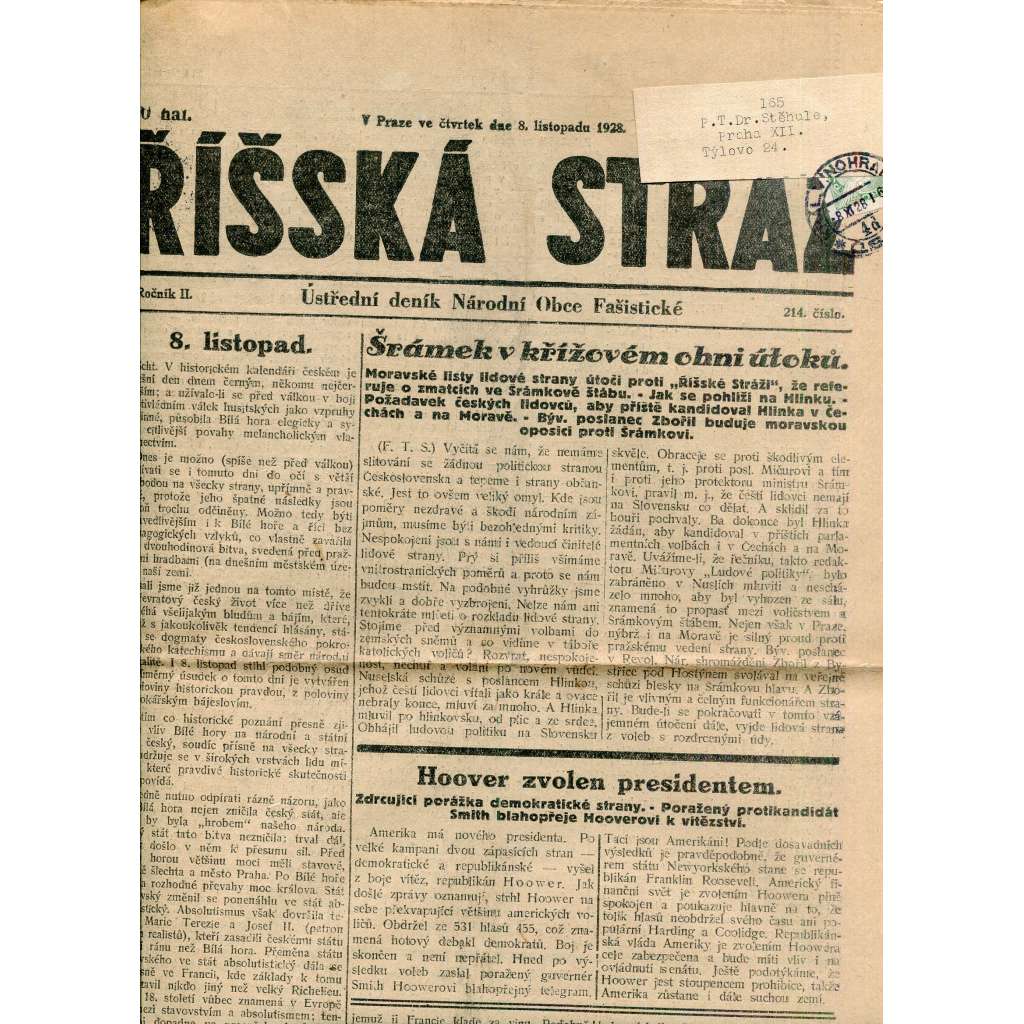 Říšská stráž (8.11.1928) Ústřední deník Národní obce fašistické (staré noviny, fašisté, 1. republika)