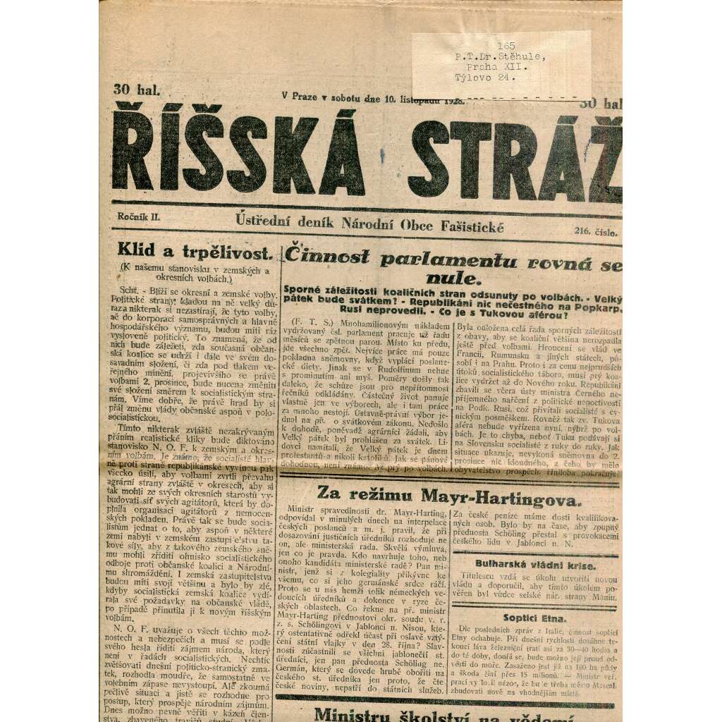 Říšská stráž (10.11.1928) Ústřední deník Národní obce fašistické (staré noviny, fašisté, 1. republika)