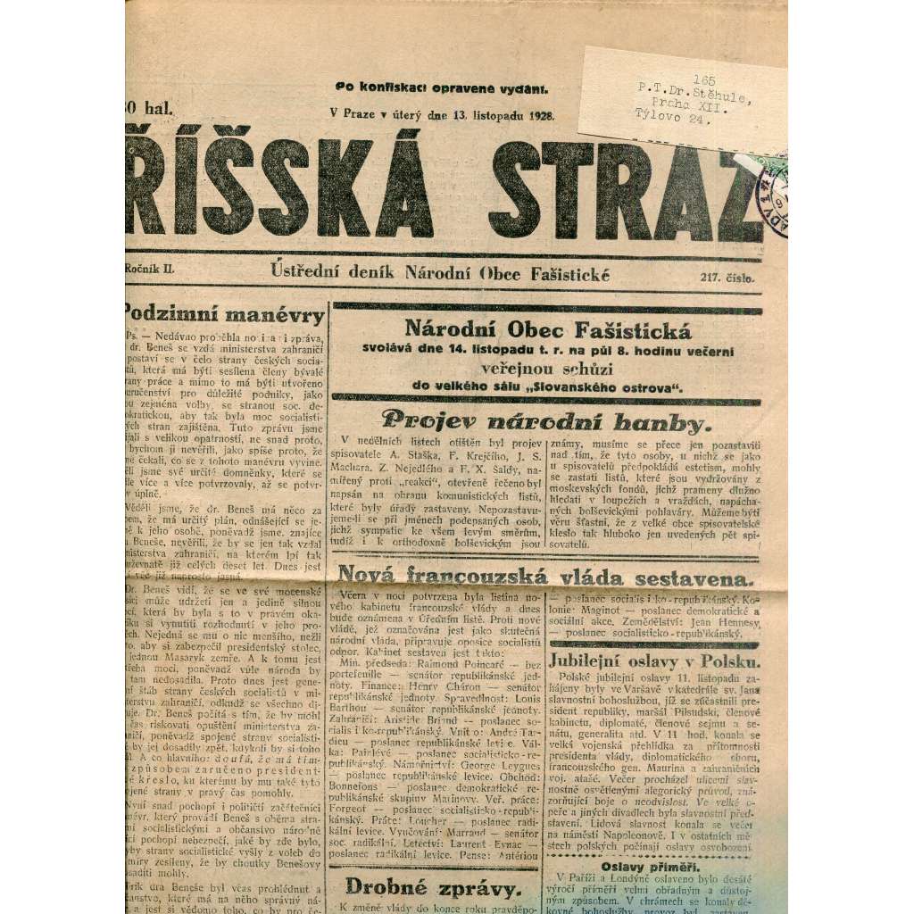 Říšská stráž (13.11.1928) Ústřední deník Národní obce fašistické (staré noviny, fašisté, 1. republika)