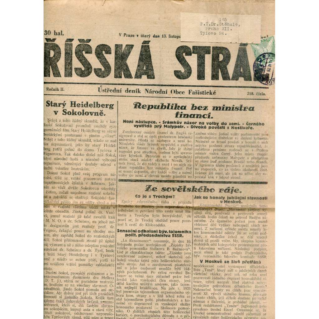 Říšská stráž (13.11.1928) Ústřední deník Národní obce fašistické (staré noviny, fašisté, 1. republika)