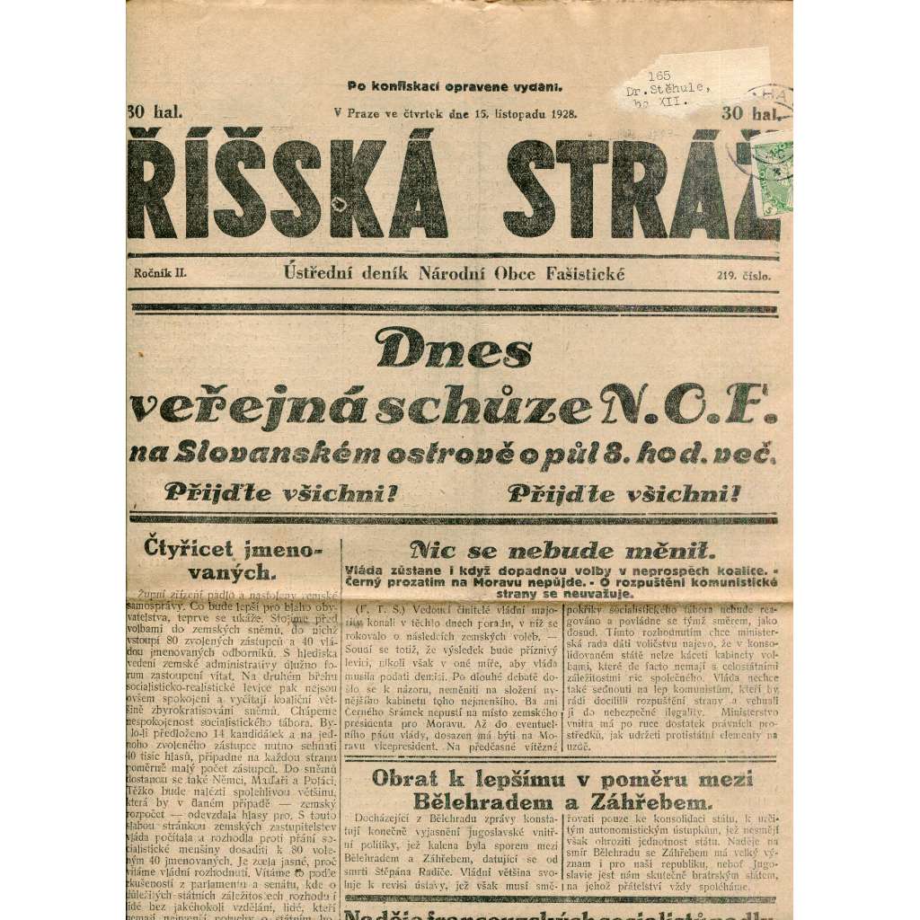 Říšská stráž (15.11.1928) Ústřední deník Národní obce fašistické (staré noviny, fašisté, 1. republika)