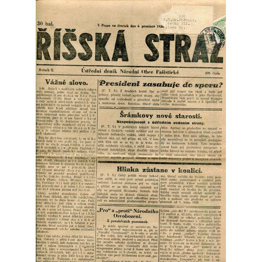 Říšská stráž (6.12.1928) Ústřední deník Národní obce fašistické (staré noviny, fašisté, 1. republika)