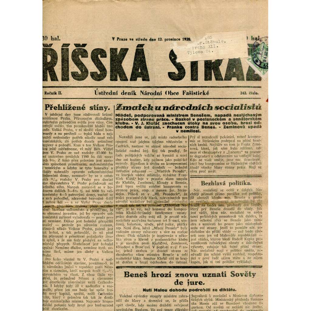 Říšská stráž (12.12.1928) Ústřední deník Národní obce fašistické (staré noviny, fašisté, 1. republika)