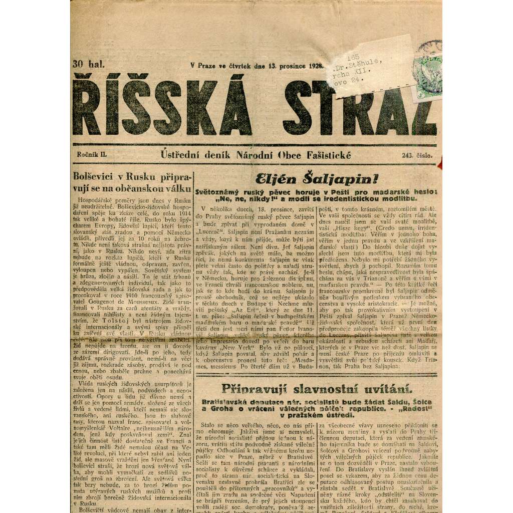 Říšská stráž (13.12.1928) Ústřední deník Národní obce fašistické (staré noviny, fašisté, 1. republika)