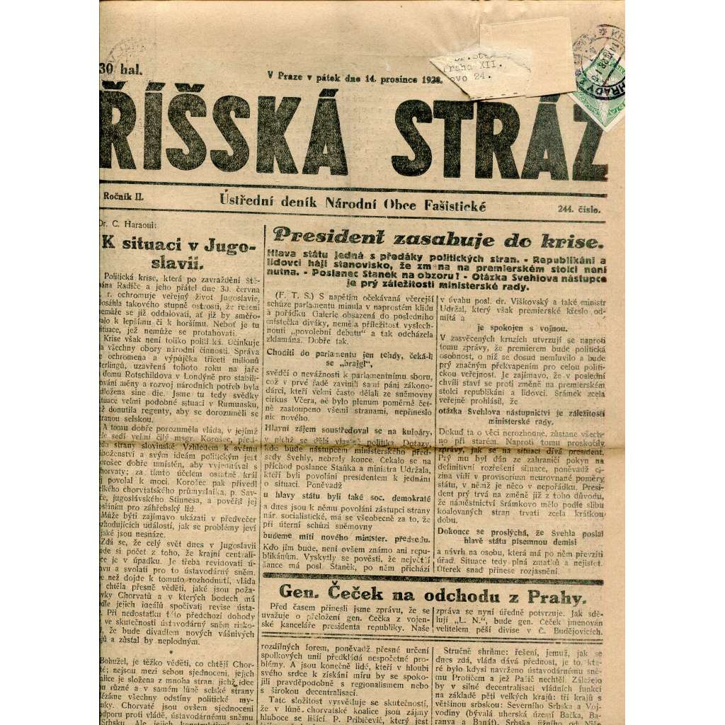 Říšská stráž (14.12.1928) Ústřední deník Národní obce fašistické (staré noviny, fašisté, 1. republika)