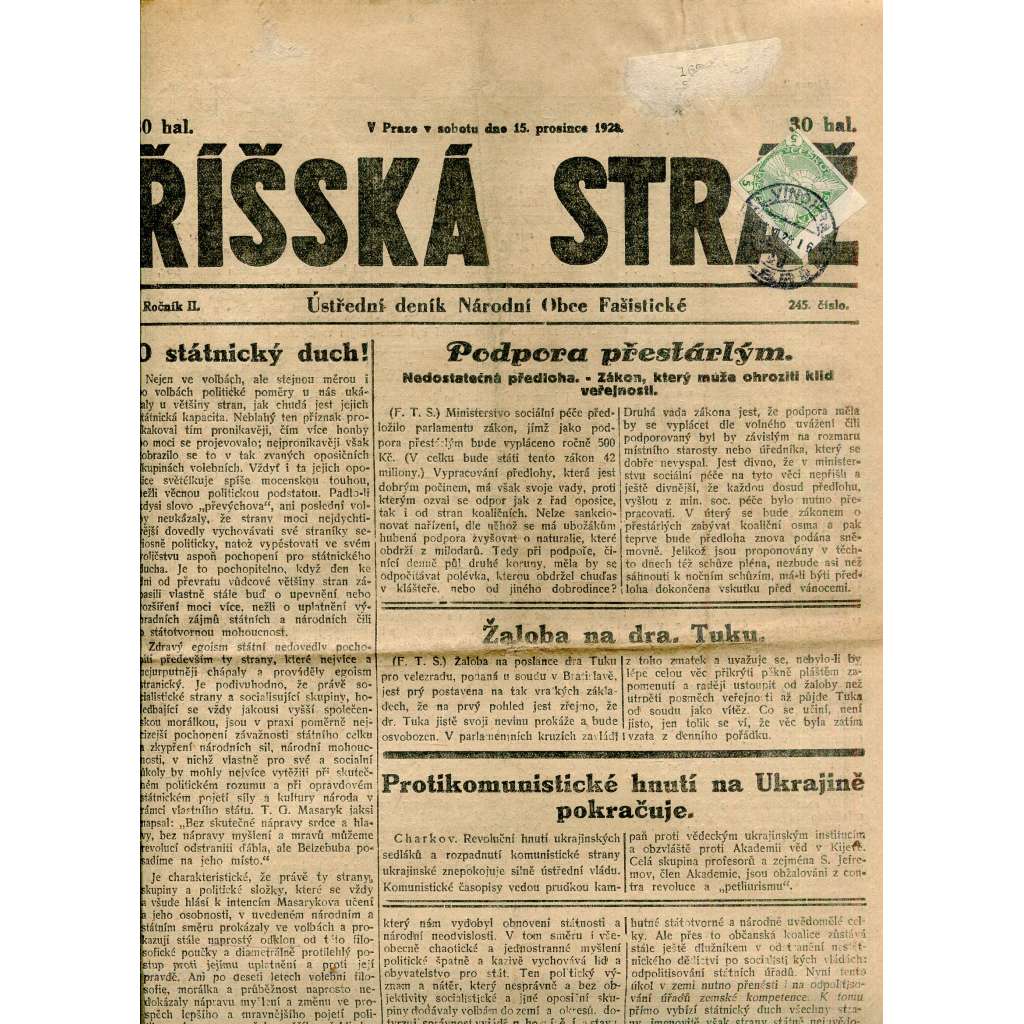 Říšská stráž (15.12.1928) Ústřední deník Národní obce fašistické (staré noviny, fašisté, 1. republika)