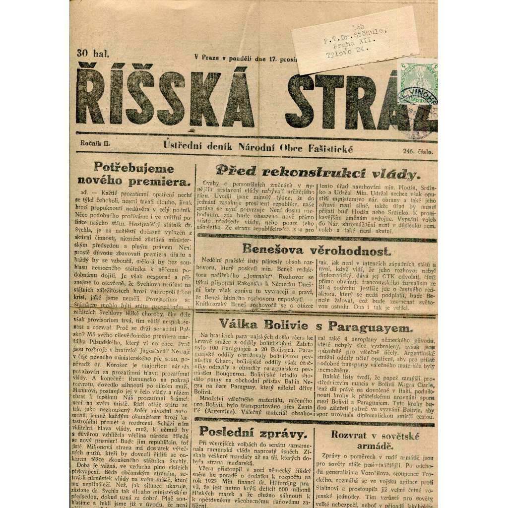 Říšská stráž (17.12.1928) Ústřední deník Národní obce fašistické (staré noviny, fašisté, 1. republika)