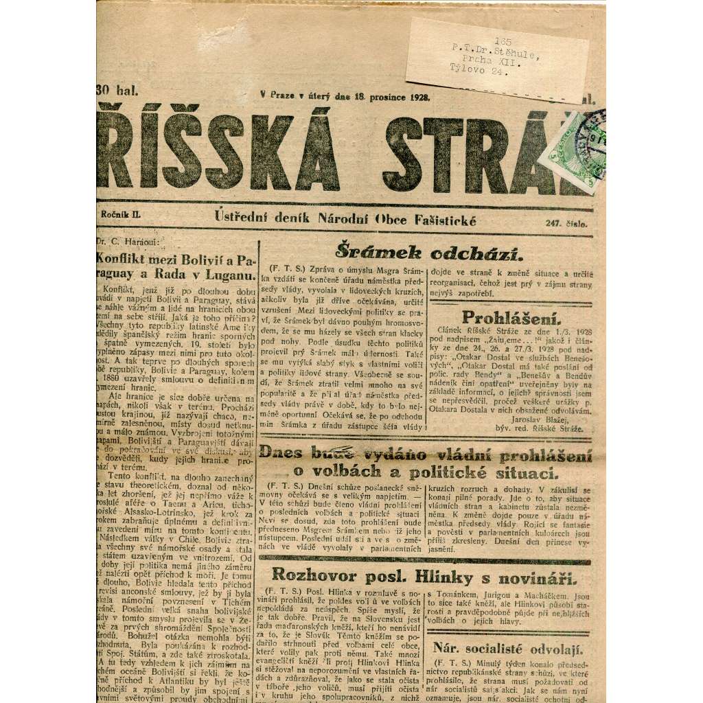 Říšská stráž (18.12.1928) Ústřední deník Národní obce fašistické (staré noviny, fašisté, 1. republika)