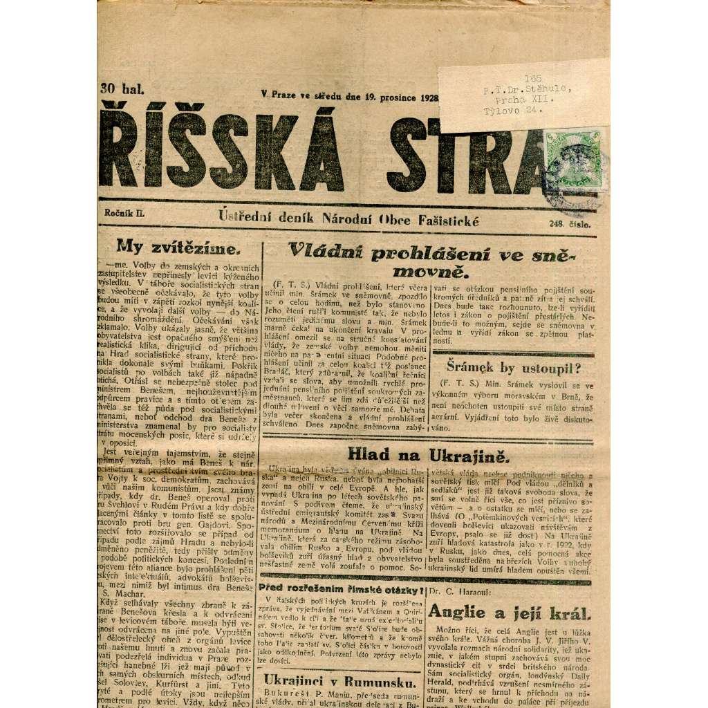 Říšská stráž (19.12.1928) Ústřední deník Národní obce fašistické (staré noviny, fašisté, 1. republika)