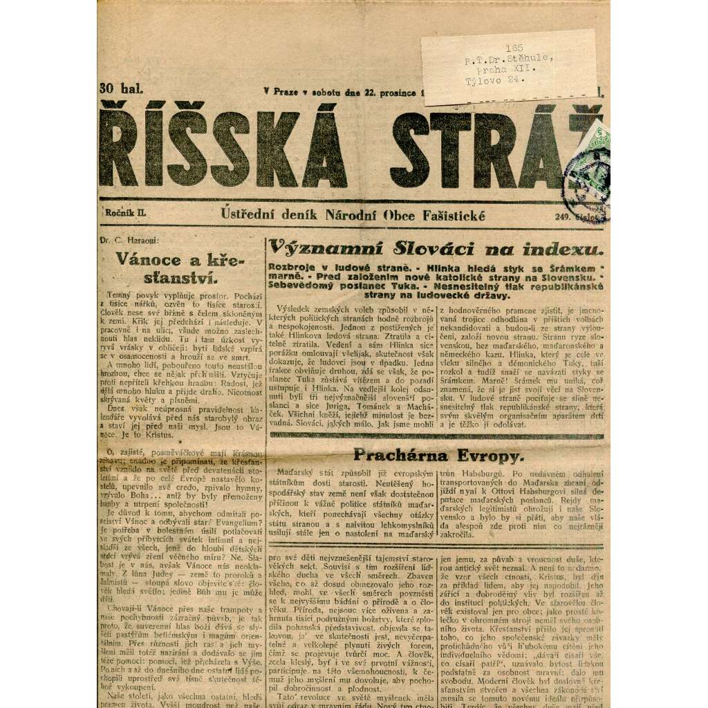 Říšská stráž (22.12.1928) Ústřední deník Národní obce fašistické (staré noviny, fašisté, 1. republika)