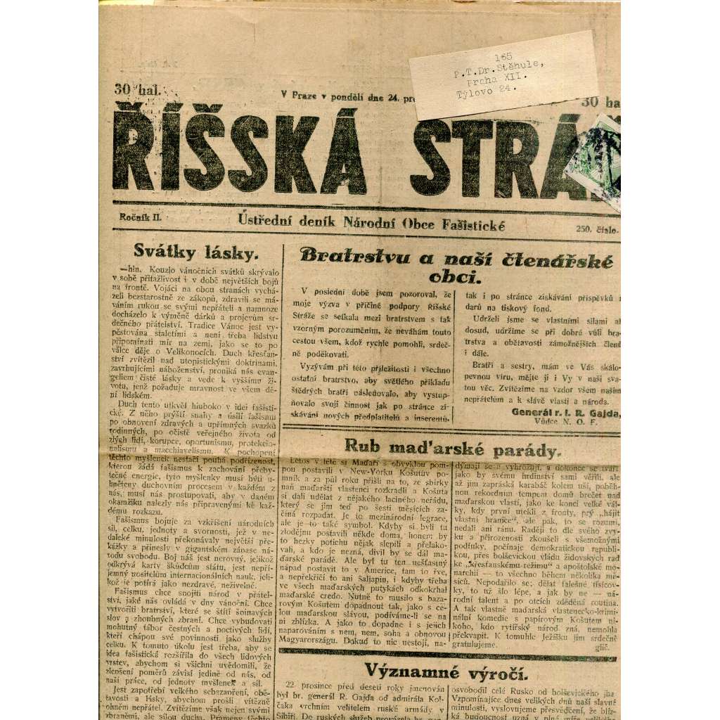 Říšská stráž (24.12.1928) Ústřední deník Národní obce fašistické (staré noviny, fašisté, 1. republika)