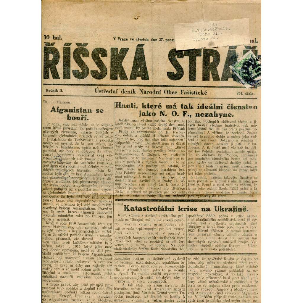 Říšská stráž (27.12.1928) Ústřední deník Národní obce fašistické (staré noviny, fašisté, 1. republika)