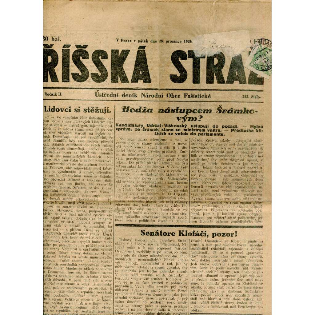 Říšská stráž (28.12.1928) Ústřední deník Národní obce fašistické (staré noviny, fašisté, 1. republika)