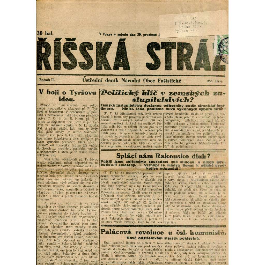 Říšská stráž (29.12.1928) Ústřední deník Národní obce fašistické (staré noviny, fašisté, 1. republika)