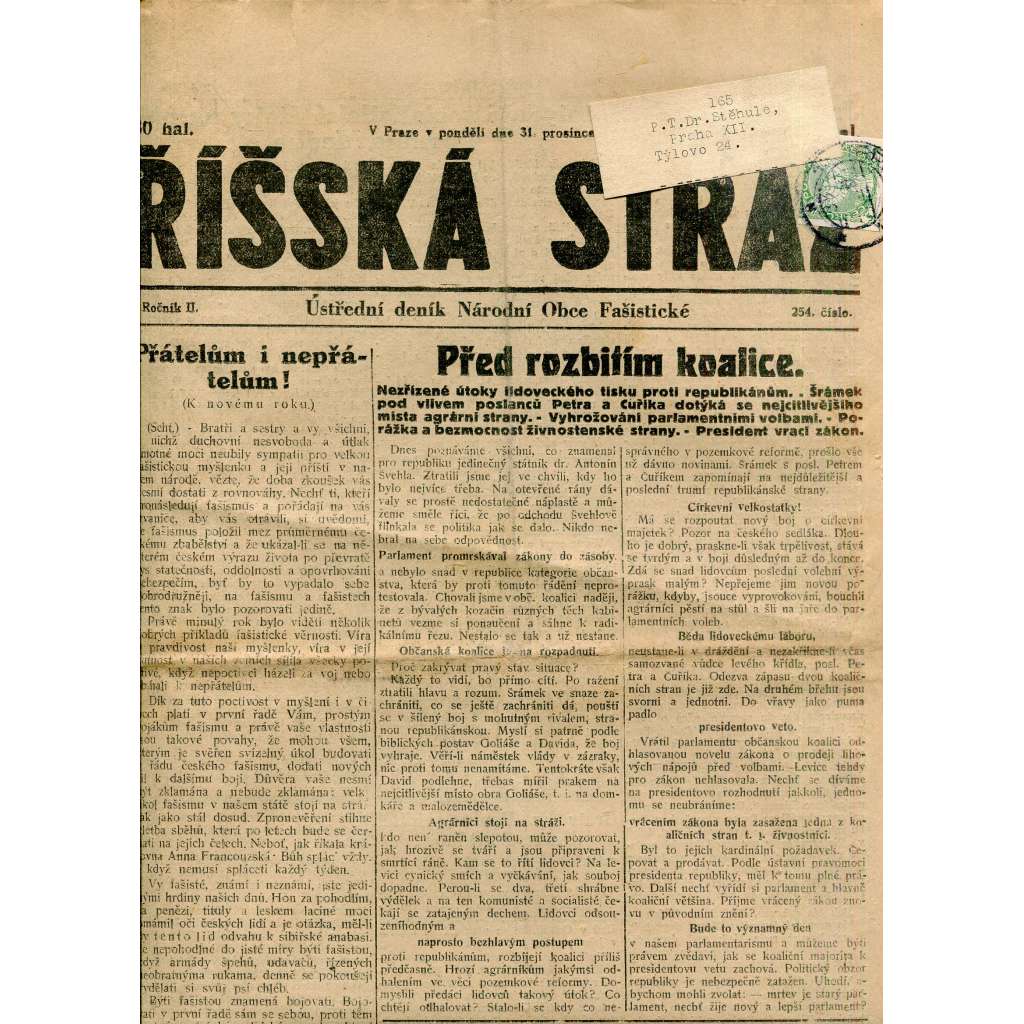 Říšská stráž (31.12.1928) Ústřední deník Národní obce fašistické (staré noviny, fašisté, 1. republika)