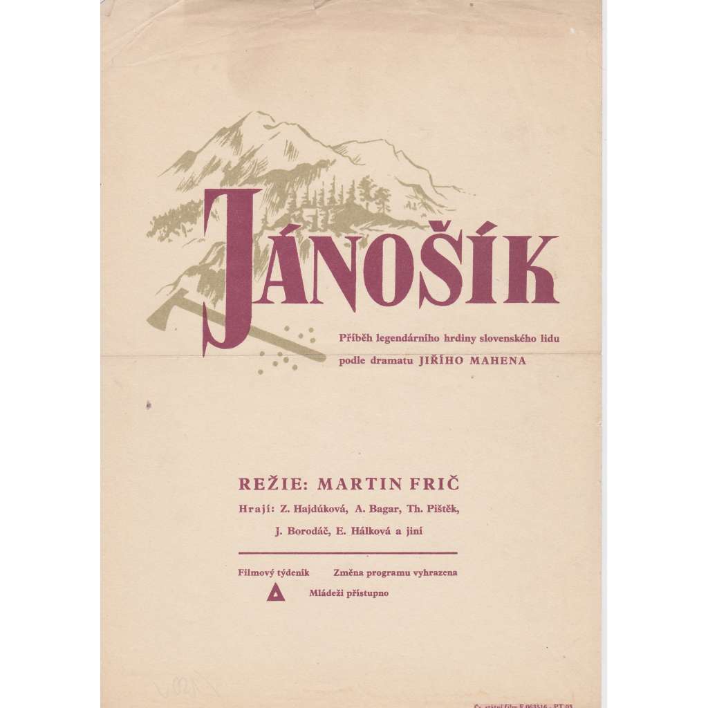 Jánošík (filmový plakát, ČSSR 1936, režie Martin Frič, Hrají: Z. Hajdúková, A. Bagar)