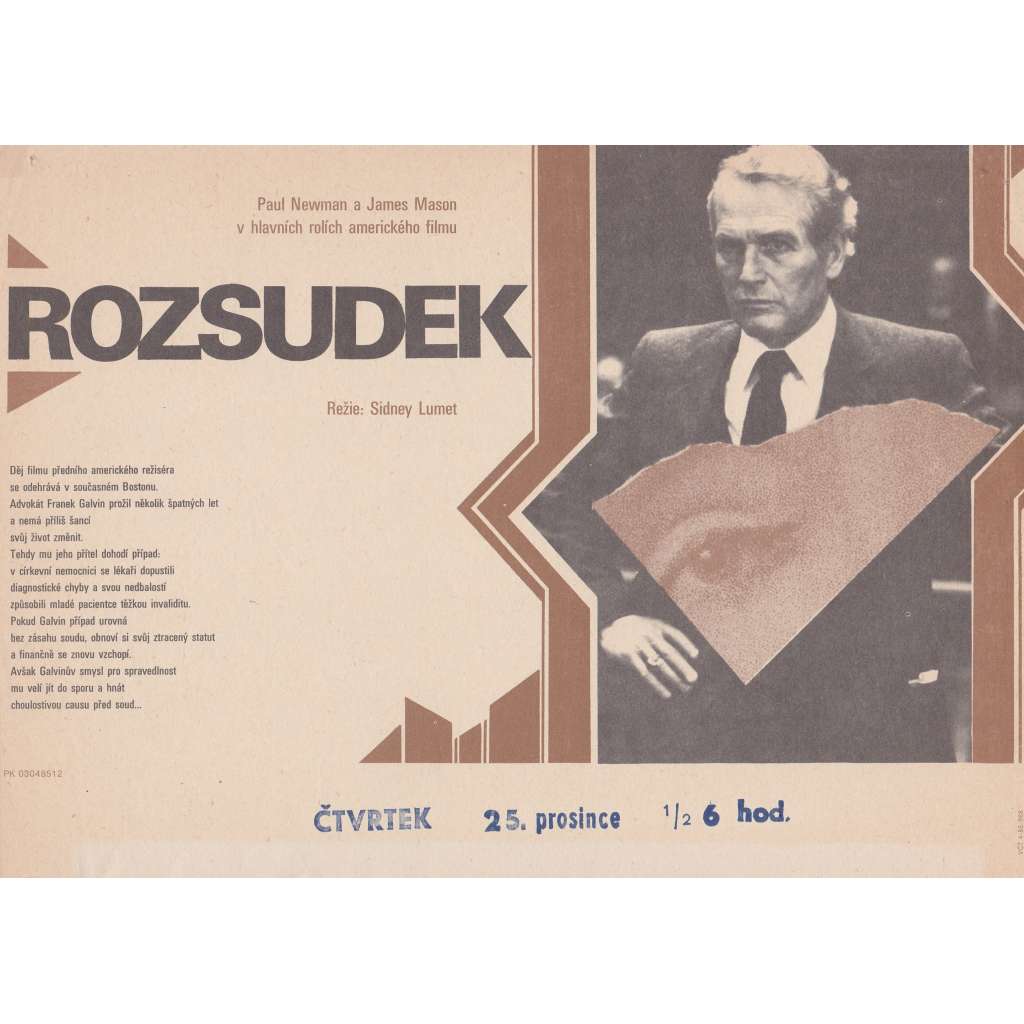 Rozsudek (filmový plakát, slepka, film USA 1982, režie Sidney Lumet, Hrají: Paul Newman, Charlotte Rampling)