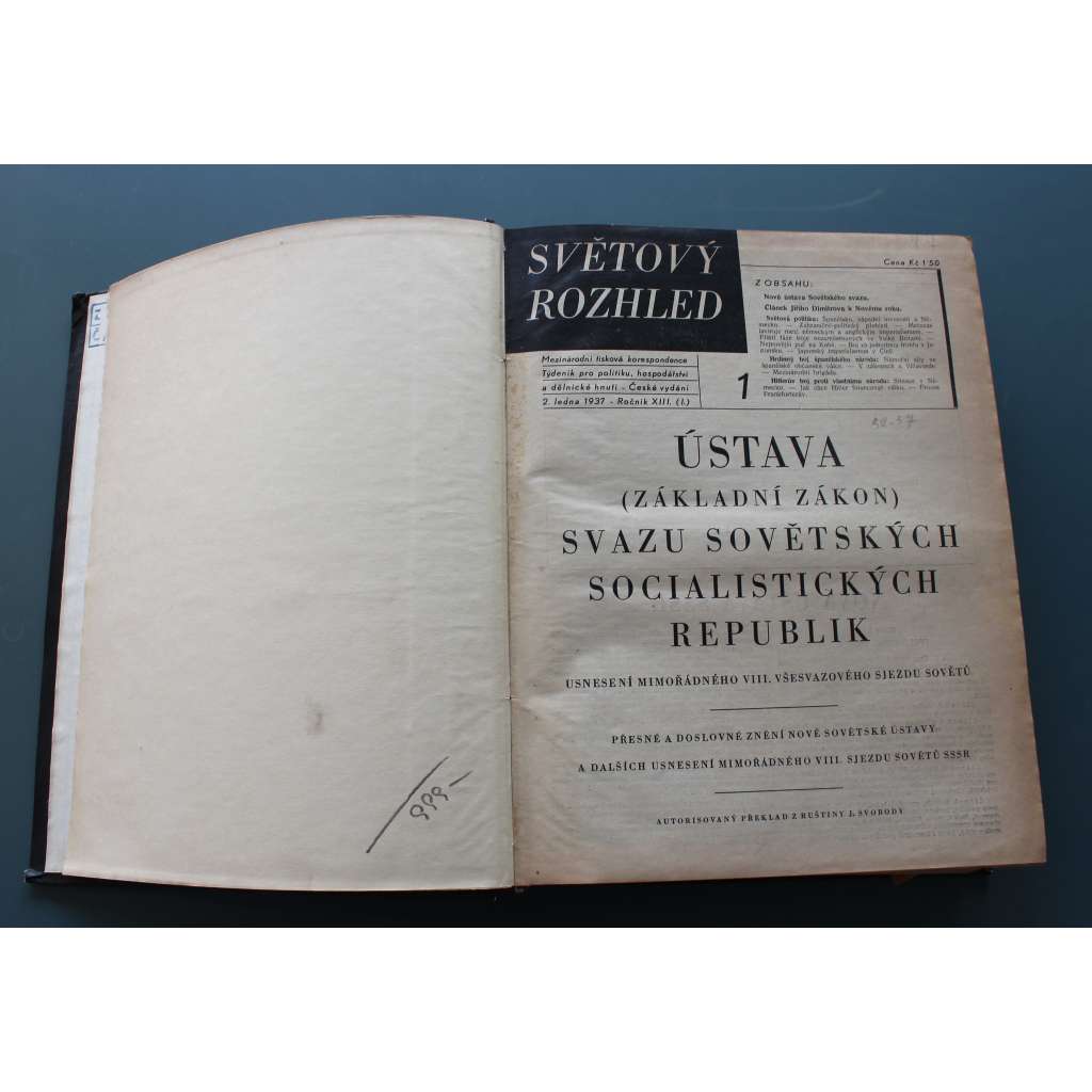 Světový rozhled 1937, roč. XIII. (časopis, týdeník, politika, první republika, mj. Hitlerovský fašismus a trockismus; Berlín-Řím-Vídeň; Mussoliniho cesta do Afriky, Trockisté, Hitlerova válka ve Španělsku)
