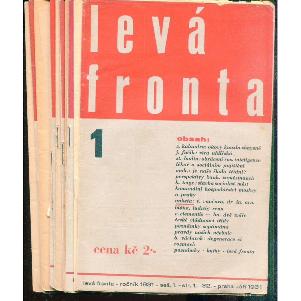 Levá fronta, ročník I., čísla 1-4/1931 a ročník II., čísla 1-3 a 5-10/1932-1933 (časopis, 1. republika, konvolut 13 čísel)