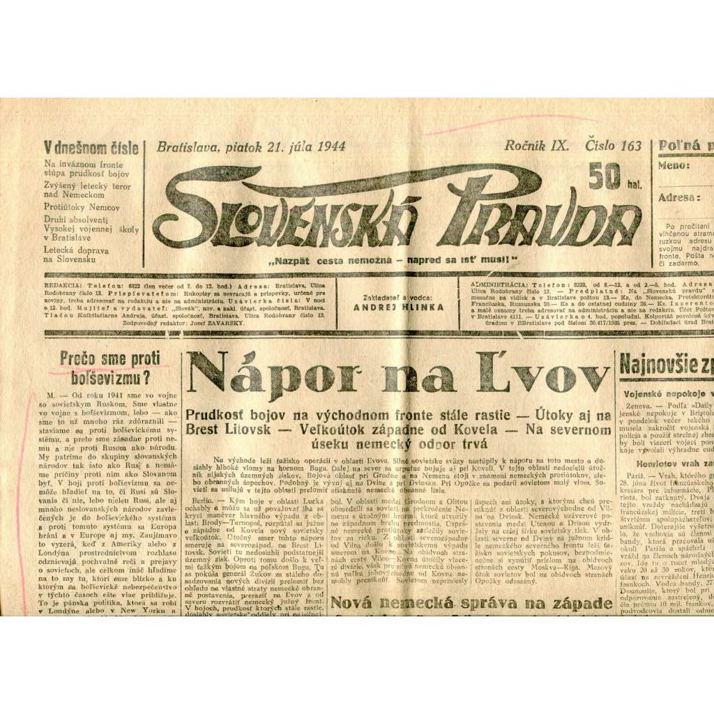 Slovenská pravda 21.7.1944 (noviny, text slovensky, zakladatel Andrej Hlinka, Slovenský stát)